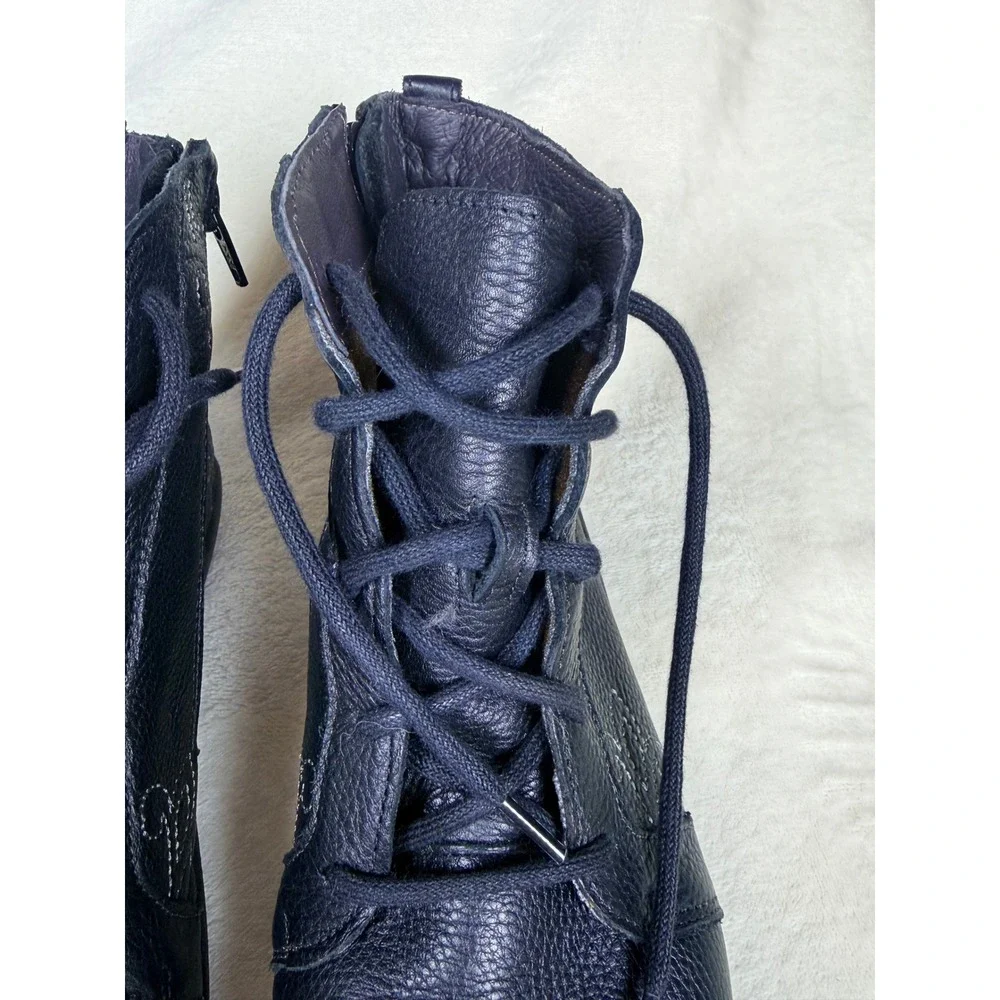 Naot Manga Women 38 Ankle Boots Navy Blue Leather Lace Up Side Zip Floral Boho